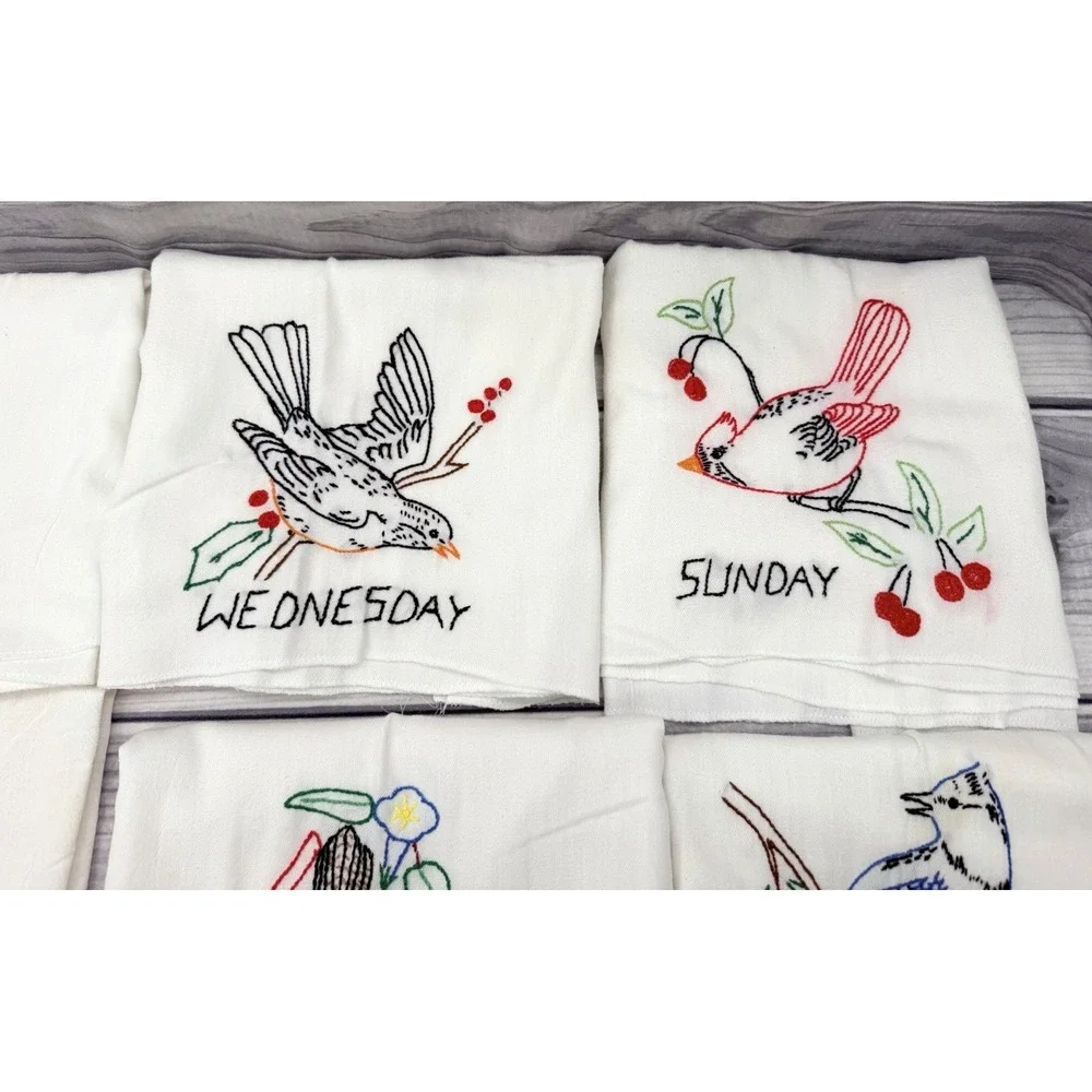 LOT OF 7 VINTAGE EMBROIDERED KITCHEN LINENS TEA TOWELS - WEEKDAYS AND CHERRIES